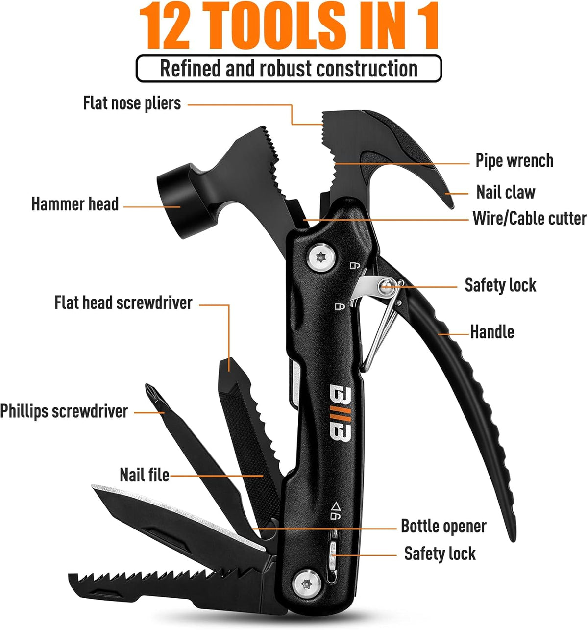 BIIB Stocking Stuffers for Men Adults, 12 in 1 Hammer Multitool Gifts for Men, White Elephant Gifts for Adults, Mens Gifts for Dad Him Husband, Gift for Mens Dad Him, Camping Essentials Gear