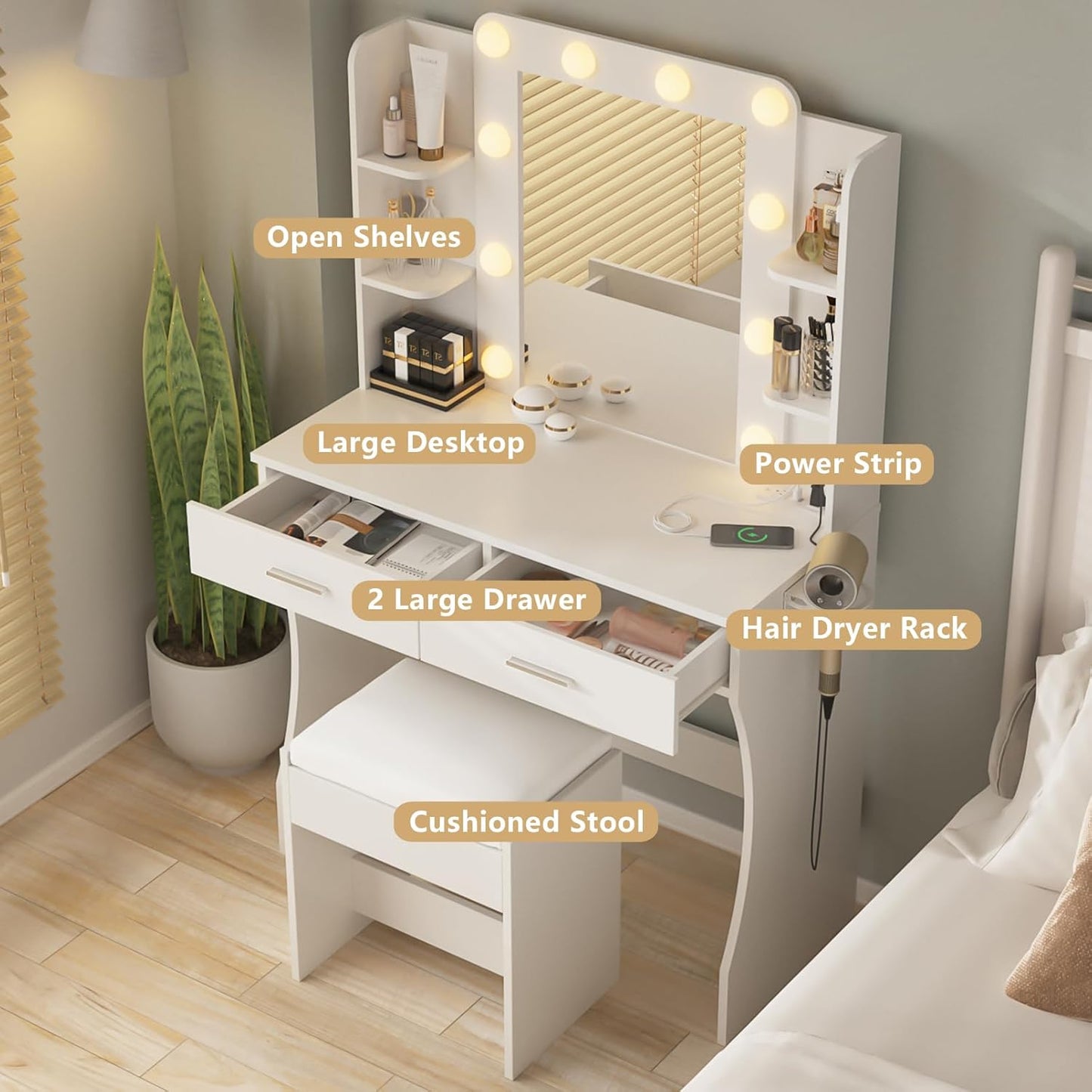 Vabches Vanity Desk with Lights,Makeup Vanity with Power Strip,Dressing Table Set with 2 Large Drawers,Vanity Mirror 3 Lighting Color Adjustable,White