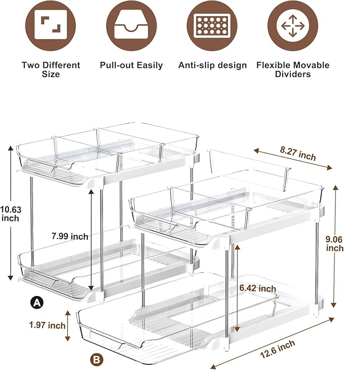 Delamu 2 Sets of 2-Tier Multi-Purpose Bathroom Under Sink Organizers and Storage, Stackable Kitchen Pantry Organization, Pull Out Medicine Cabinet Organizer with 8 Movable Dividers