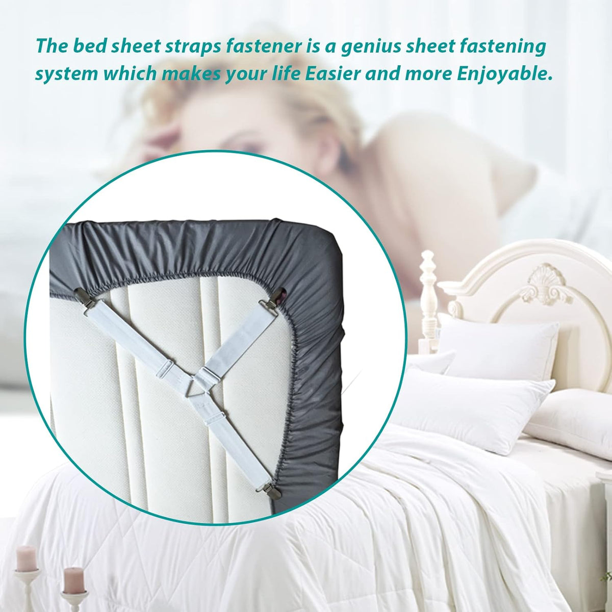 Bed Sheet Fasteners, Adjustable Mattress Suspenders, Mattress Cover Straps, Bed Corner Holder and Keepers and the Bed Sheet Grippers Clips (Triangle White Set of 4)