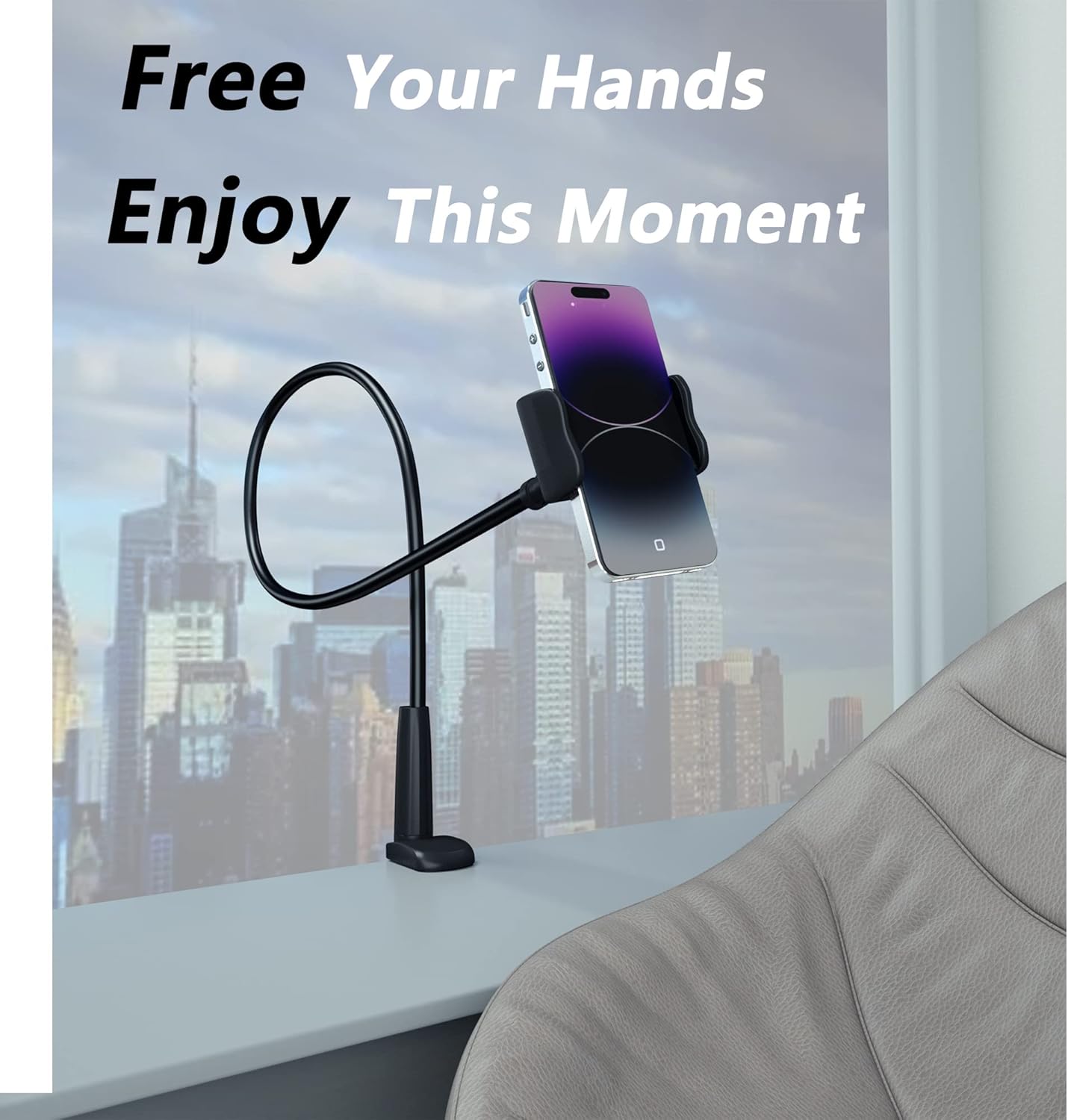 Cell Phone Clip Bed Stand Holder, with Grip Flexible Long Arm Gooseneck Bracket Mount Clamp for Desk, Compatible with iPhone 17/16 Pro Max, 15, 14 or Other 3.5-7" Devices (Black)