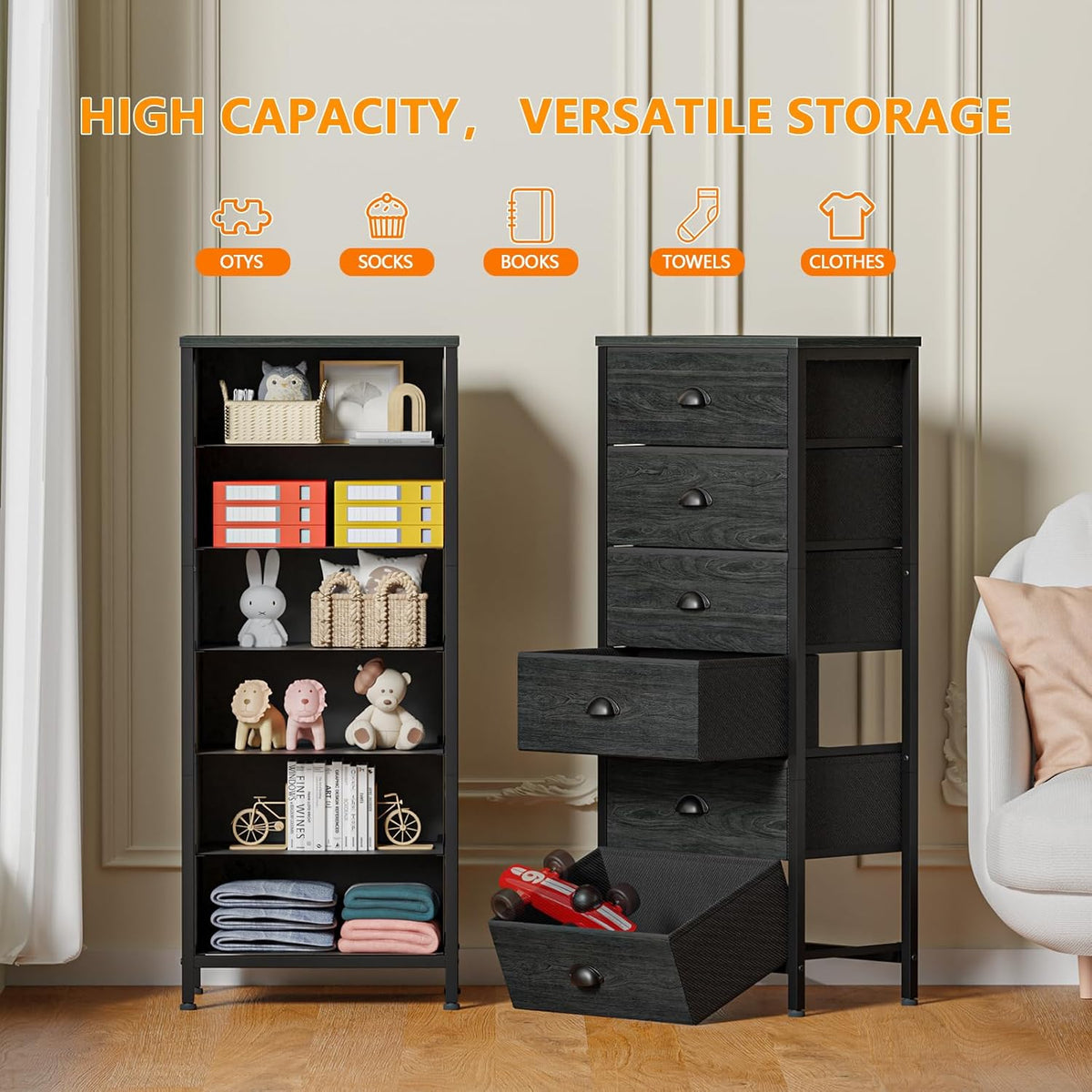 Furnulem Tall Dresser with 6 Drawers,Vertical Bedside End Table & Chest for Bedroom,Black Storage Tower Dorm Nightstand with Fabric Drawer Organizer Unit Furniture in Living Room,Closet,Hallyway