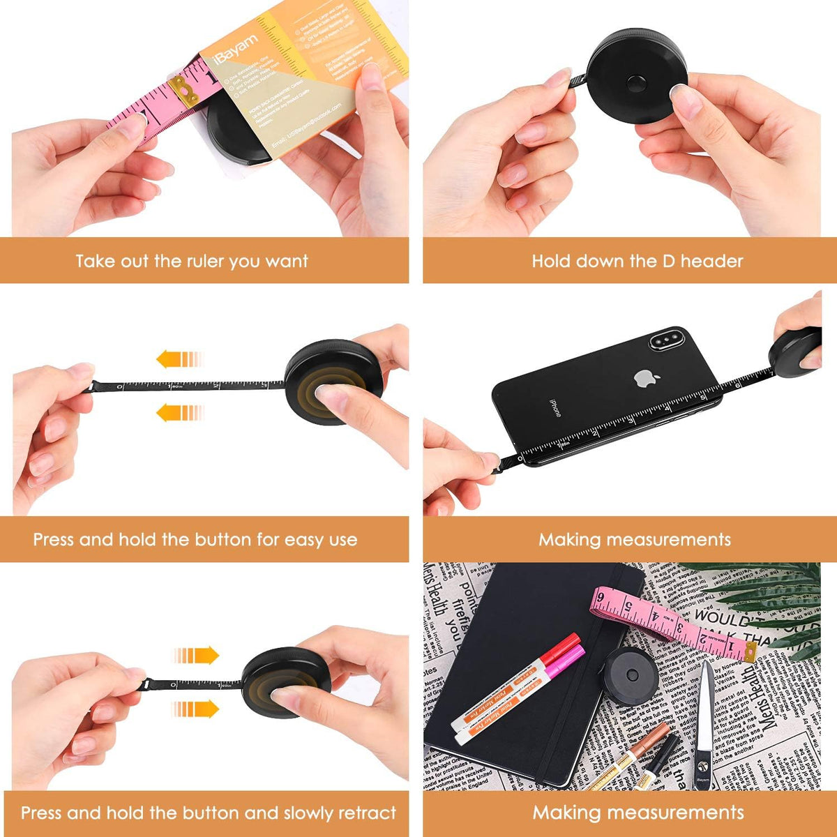 iBayam 2 Pack Tape Measure Measuring Tape for Body Fabric Sewing Tailor Cloth Knitting Vinyl Home Craft Measurements, 60-Inch Soft Fashion Pink & Retractable Black Double Scales Rulers for Body Weight
