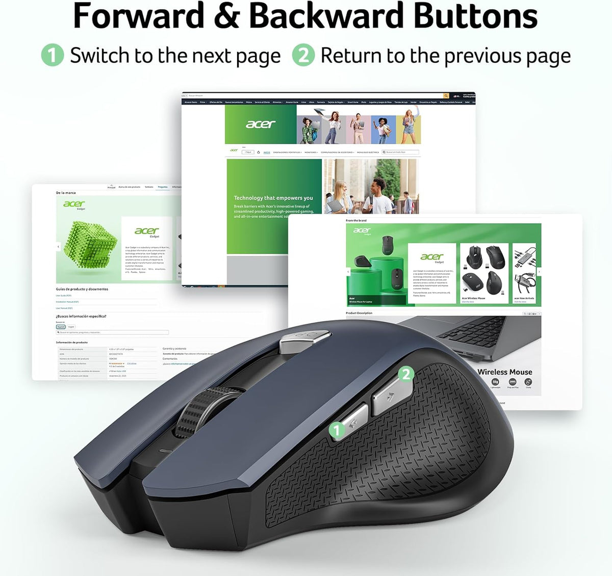 acer Wireless Mouse for Laptop, 2.4GHz Computer Mouse 3 Adjustable DPI Office Cordless USB Mice with USBA Receiver, 6 Buttons, 1600 DPI, Medium to Large Sized Hands Compatible with PC, Laptop, Desktop