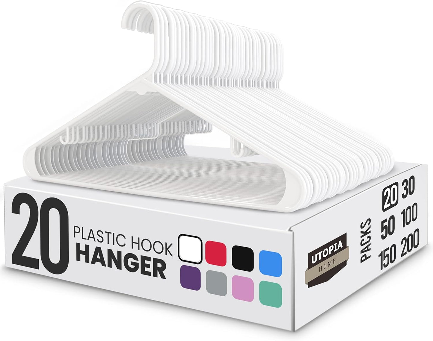 Utopia Home Plastic Hangers 20 Pack - Space Saving Clothes Hanger - Durable & Strong Closet Organizers and Storage with Built-in Strap Hooks - Essential for Shirts, Pants, Skirts & Coats (White)