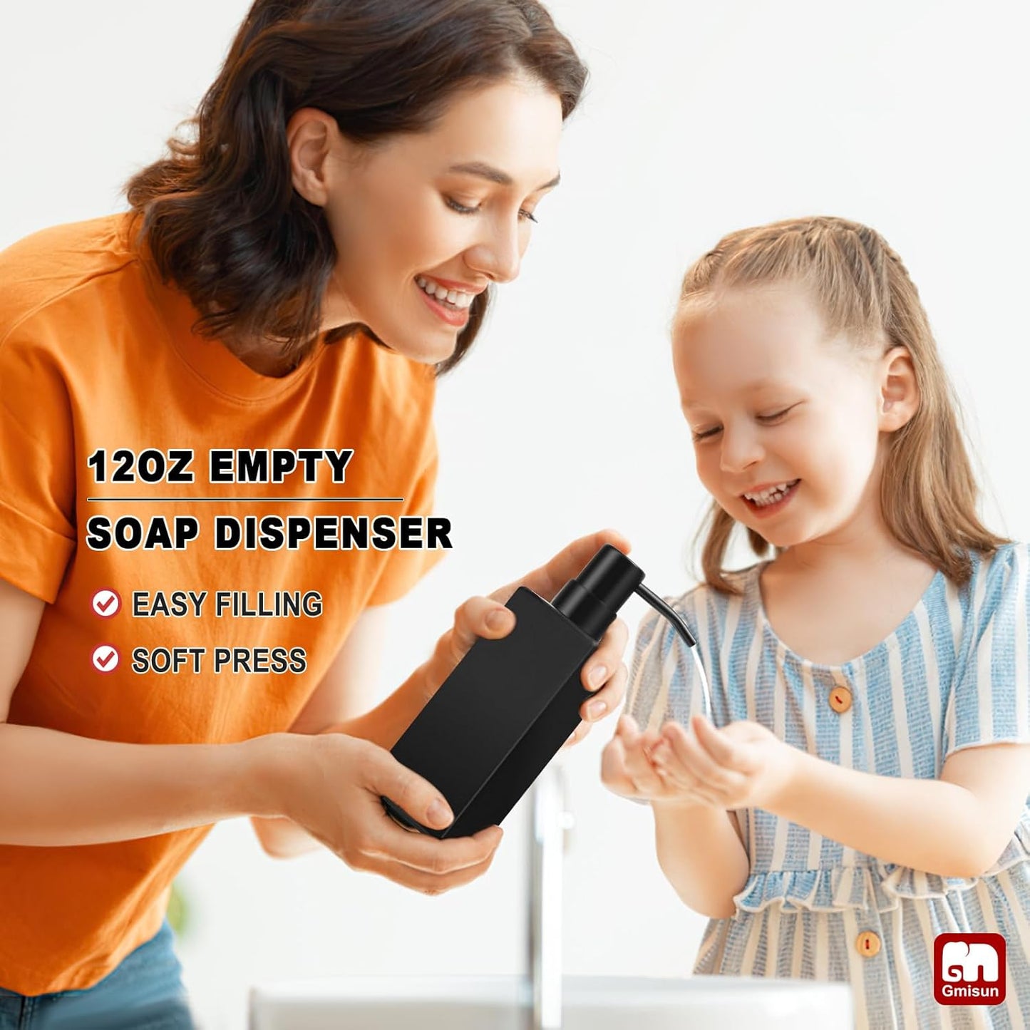 GMISUN Black Soap Dispenser Bathroom, Glass Hand Soap Dispenser with Stainless Steel Pump, 12 fl oz/350ml Refillable Dish Dispensers for Kitchen, Modern Liquid Lotion Bottles for Bathroom Countertop