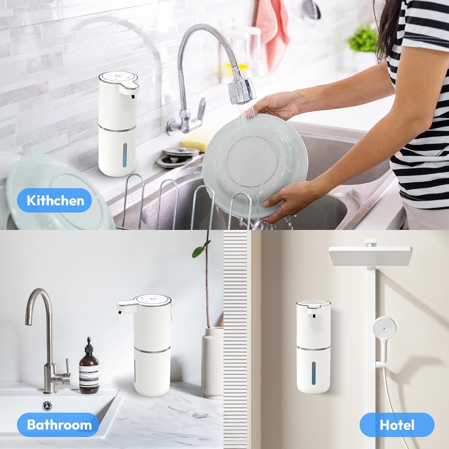 2 Pack Automatic Foaming Soap Dispenser,Touchless Foam Soap Dispenser,12.8oz Rechargeabled Wall Mounted Smart for Bathroom and Kitchen Dish Soap,Easy for Toddlers(White)