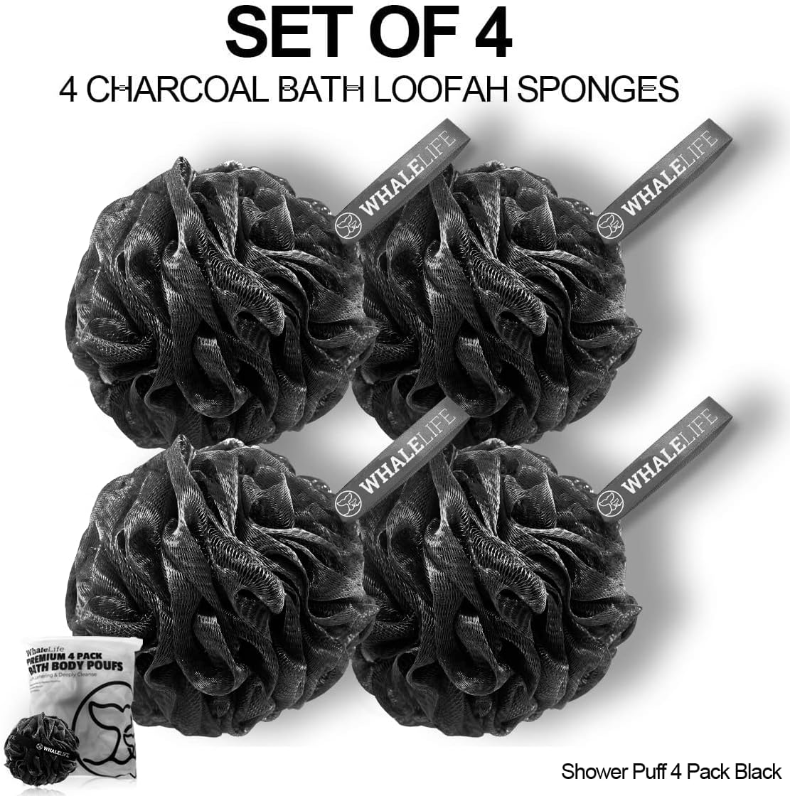 Loofah Bath Sponges - Black Gentle Exfoliating Shower Loofah for Rich Lather, Durable Mesh Body Scrubber for Men & Women 4 Pack