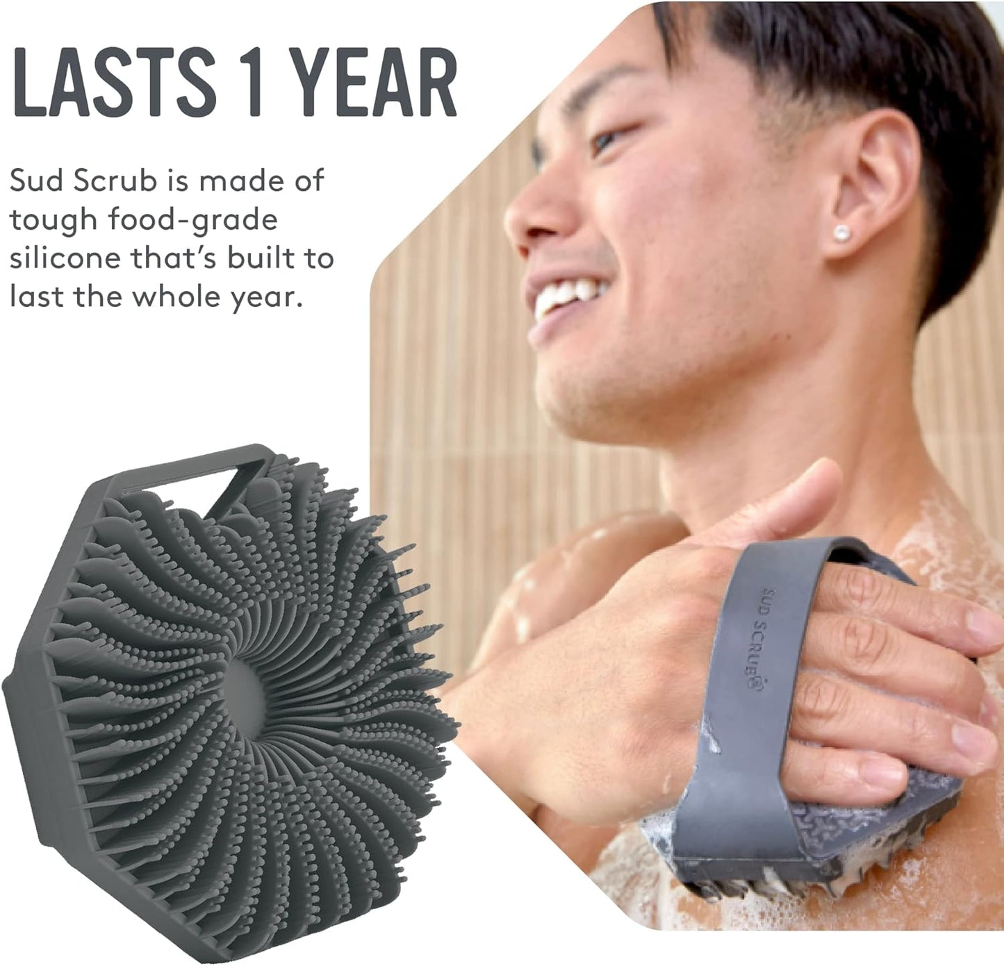 Sud Scrub Antimicrobial Silicone Body Scrubber, Exfoliating Body Scrubber for Sensitive Skin, Eco Friendly Shower Scrubber for Body, Silicone Body Brush for Showering, Charcoal