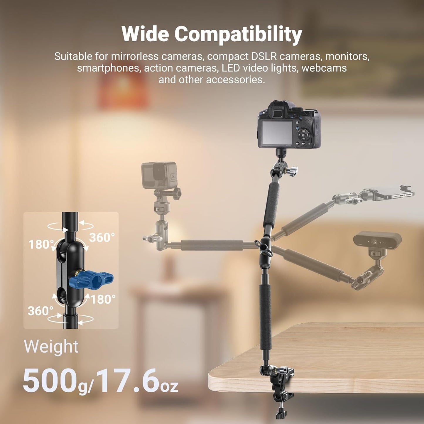 NEEWER 22" Magic Arm w Desk C Clamp, Overhead Camera Mount with Articulating Mic Boom Arm 1/4" 3/8" Threads for ARRI, Desktop Stand Holder for Phone Microphone Webcam Action Camera Video Light, UA057