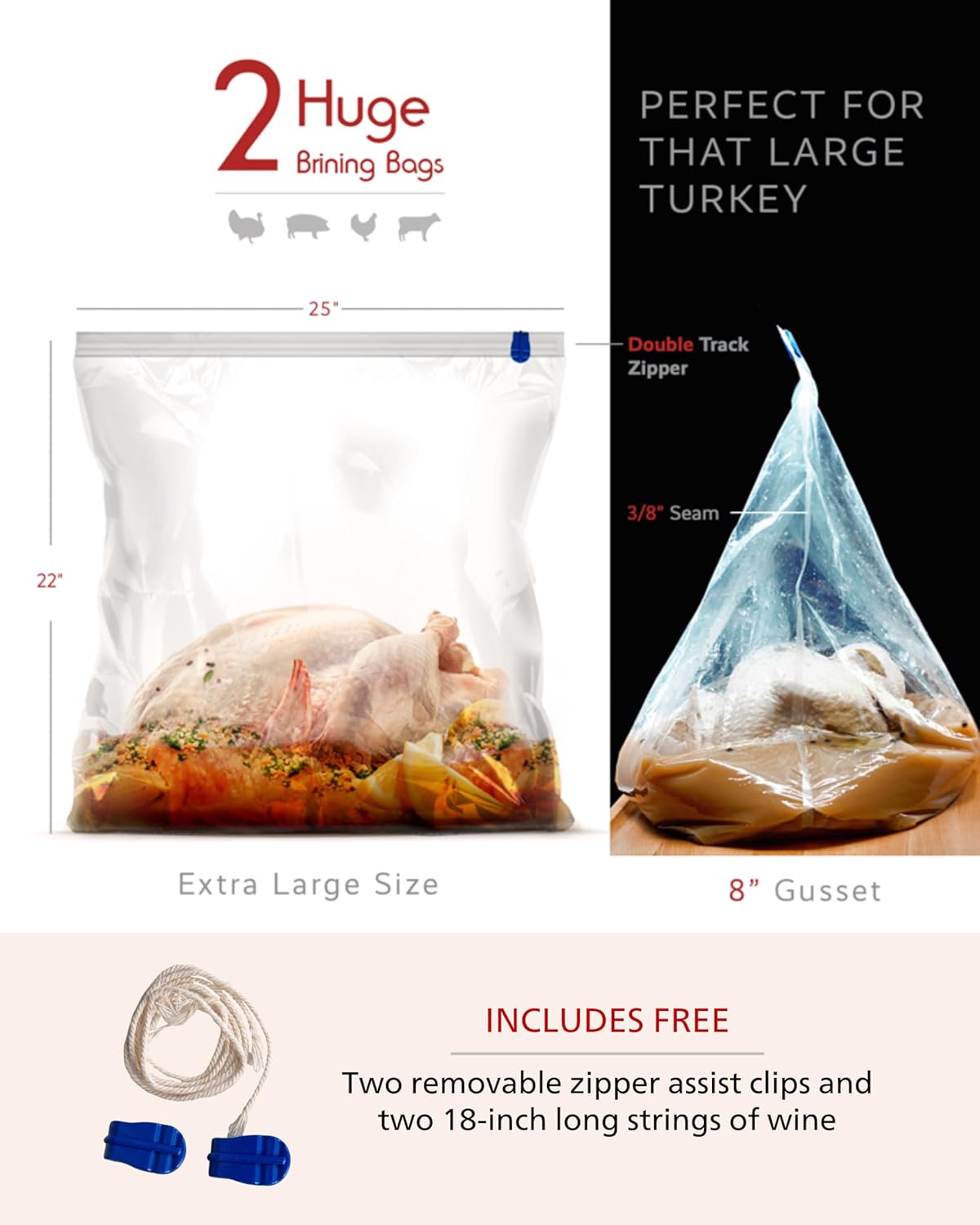 Turkey Brining Bags Set of 2 – Extra Large, Holds up to 38 lb (25.5 x 21.5 in), Heavy Duty with Gusseted Bottom & Double-Track Zippers to Prevent Leaks