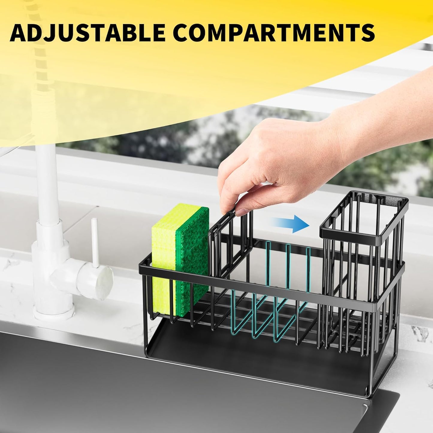 Cisily Kitchen Sink Caddy Organzier with High Brush Holder, Sponge Holder for Sink, 304 Rustproof Stainless, Kitchen Countertop Soap Dispenser Organizer