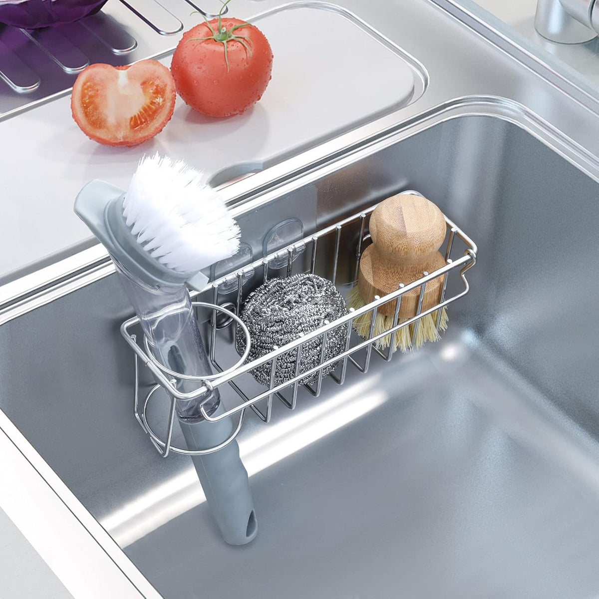 3-In-1 Sponge Holder for Kitchen Sink with Suction Cups & Adhesive Hook, In-sink Sponge Holder, Wall Hanging Sink Caddy Organizer Rack - Sponge, Dish Cloth, Brush, Scrubber - 304 Stainless Steel