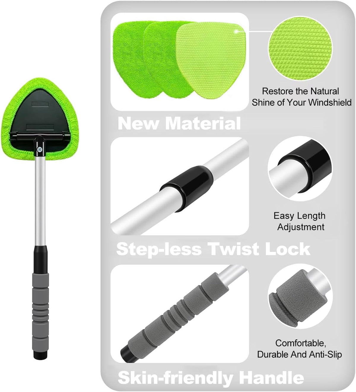 XINDELL Windshield Cleaner Tool – Car Interior Window Cleaning Kit with Extendable Handle & 4 Microfiber Pads, Auto Wiper Inside Windshield Brush for Car & Home Windows