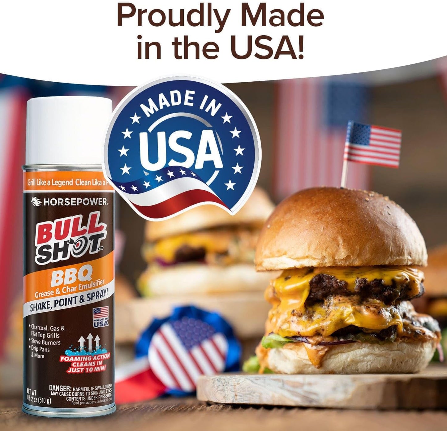 Bull Shot BBQ, Foaming Grill Cleaner, AS SEEN ON TV, Professional Strength Foam Spray Emulsifies Burnt Grease & Char on Grates, Racks, Pans, Smokers & Griddles Cleans in Just 10 Min