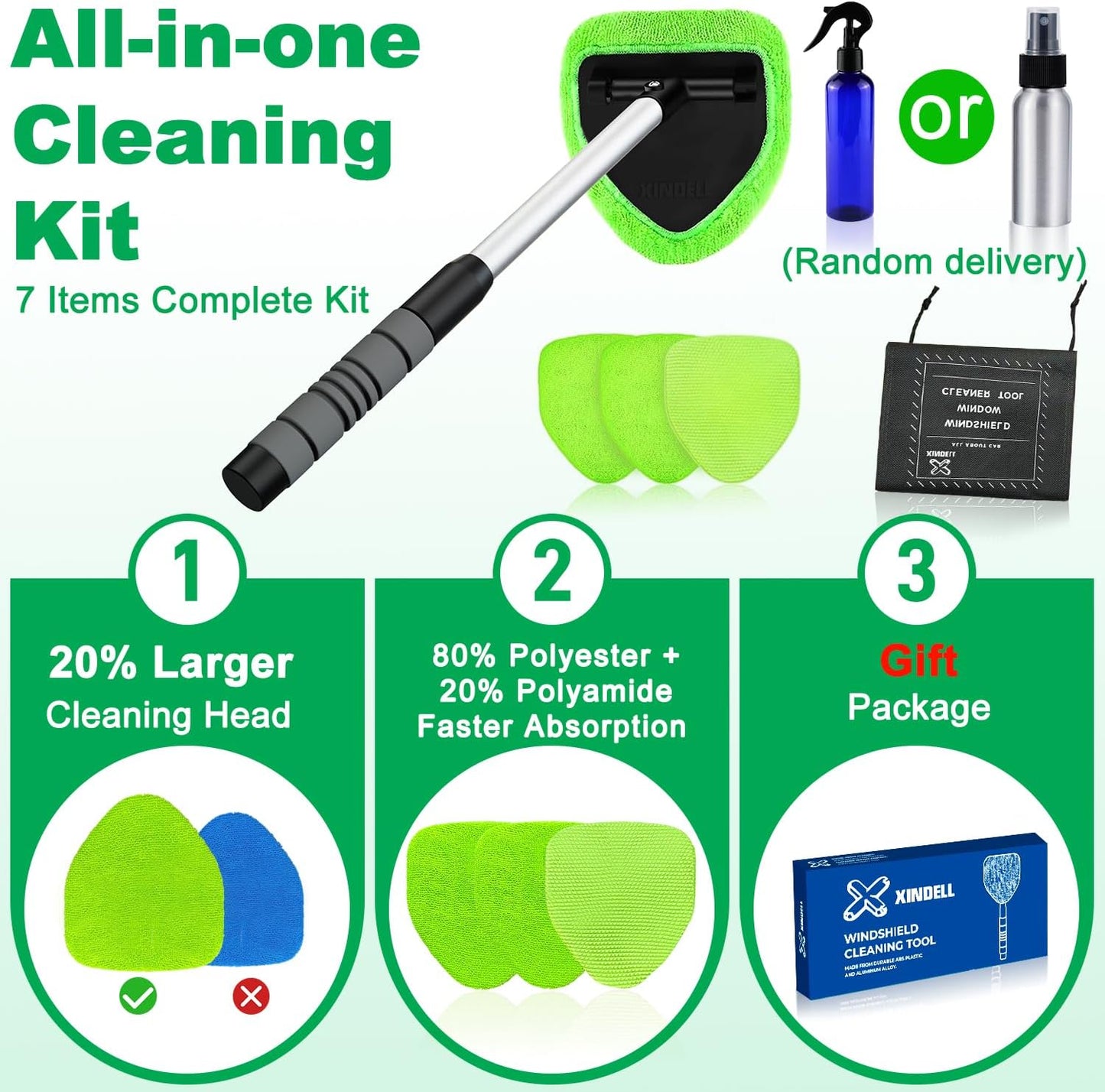 XINDELL Windshield Cleaner Tool – Car Interior Window Cleaning Kit with Extendable Handle & 4 Microfiber Pads, Auto Wiper Inside Windshield Brush for Car & Home Windows