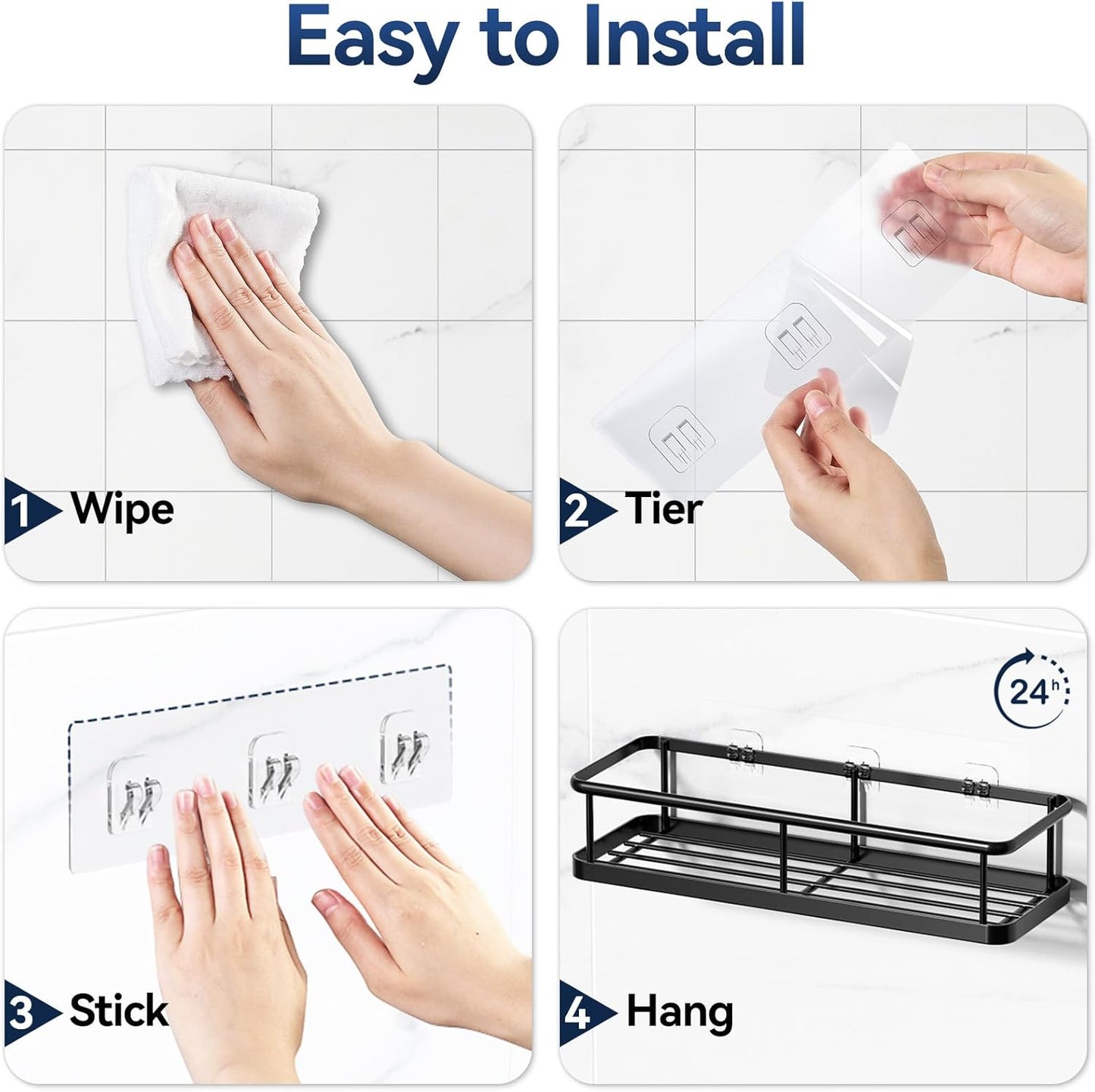 YASONIC Shower Caddy Adhesive, Rustproof Shower Shelves for Inside Shower, Large Capacity Bathroom Organizers and Storage, Shower Storage with Removable Hooks, No Drill Bathroom Accessories Black