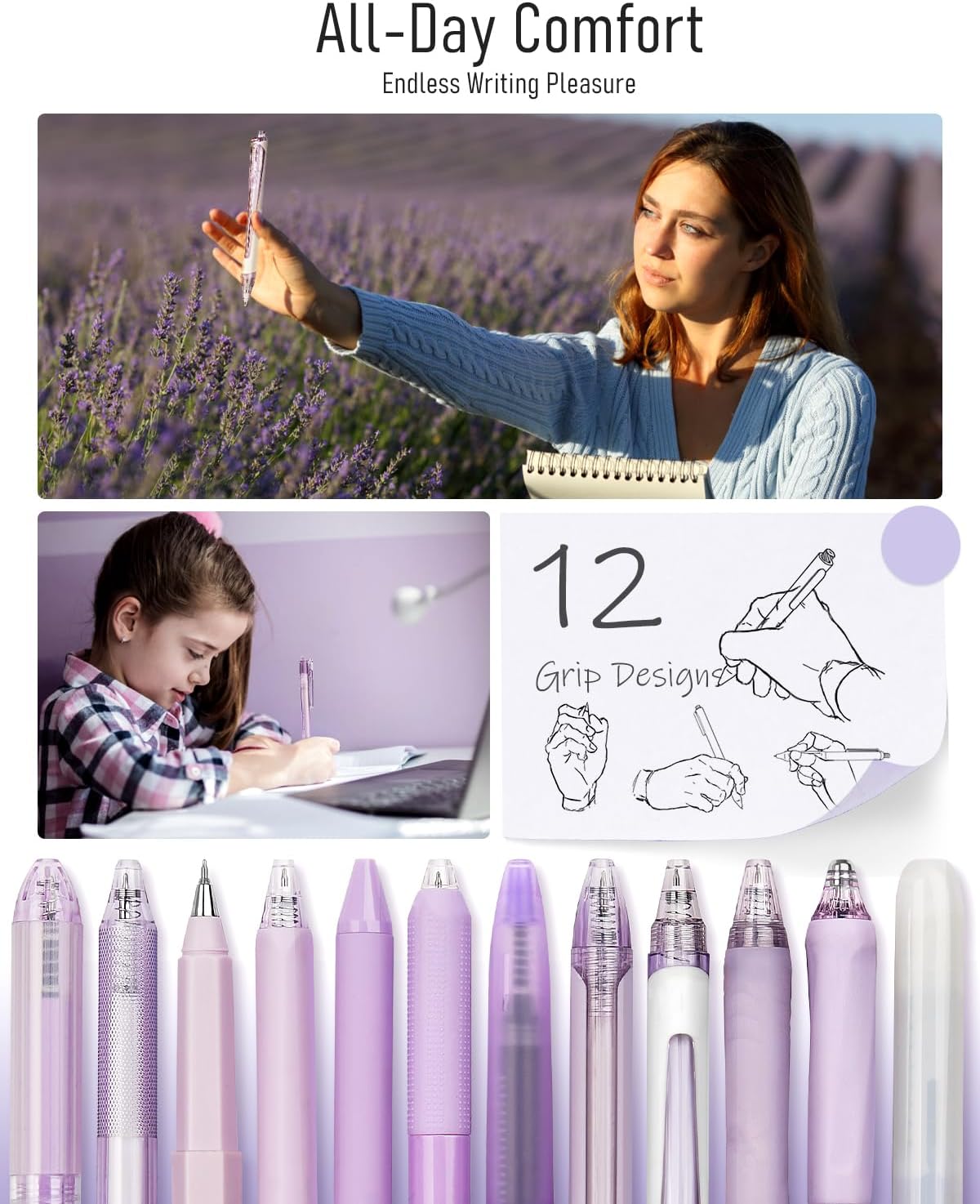 Four Candies Lavender Series Gel Pens, Black & Purple Ink Writing Pens with 0.5 mm Smooth Fine Point, School Office Stationery Supplies Desk Accessories Gifts for Women, Set of 12