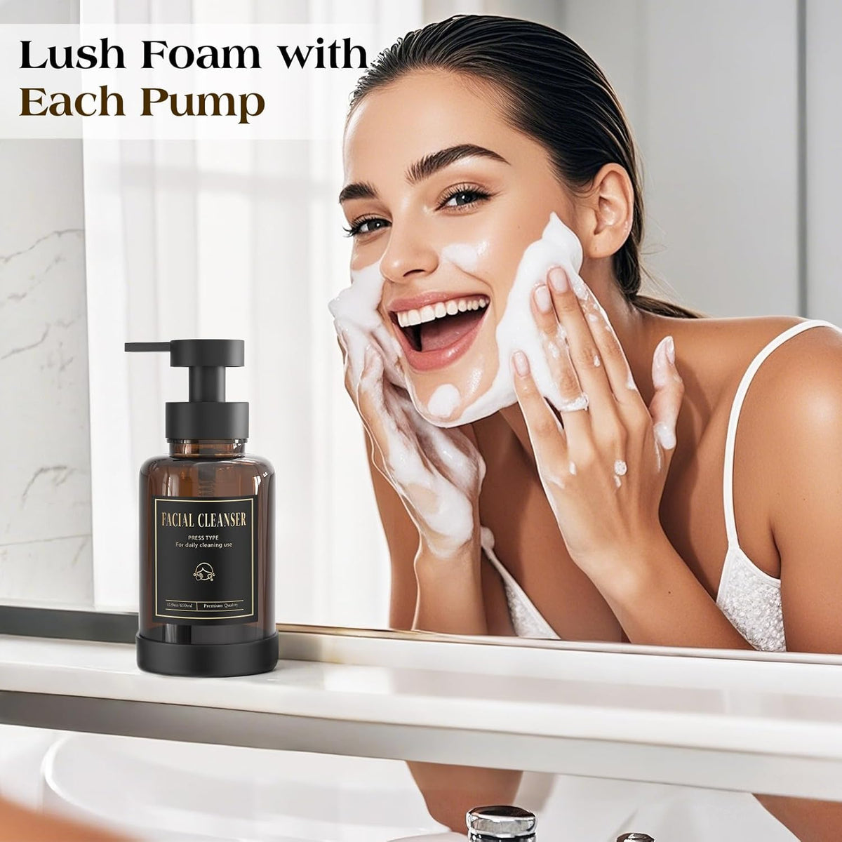 Luxspire Foaming Soap Dispenser, Glass Foam Pump Soap Dispenser, Non-Slip Hand Soap Bottle with 5 Waterproof Labels, 15 Oz Refillable Liquid Soap Bottle for Bathroom & Kitchen, Amber, 2 Pack