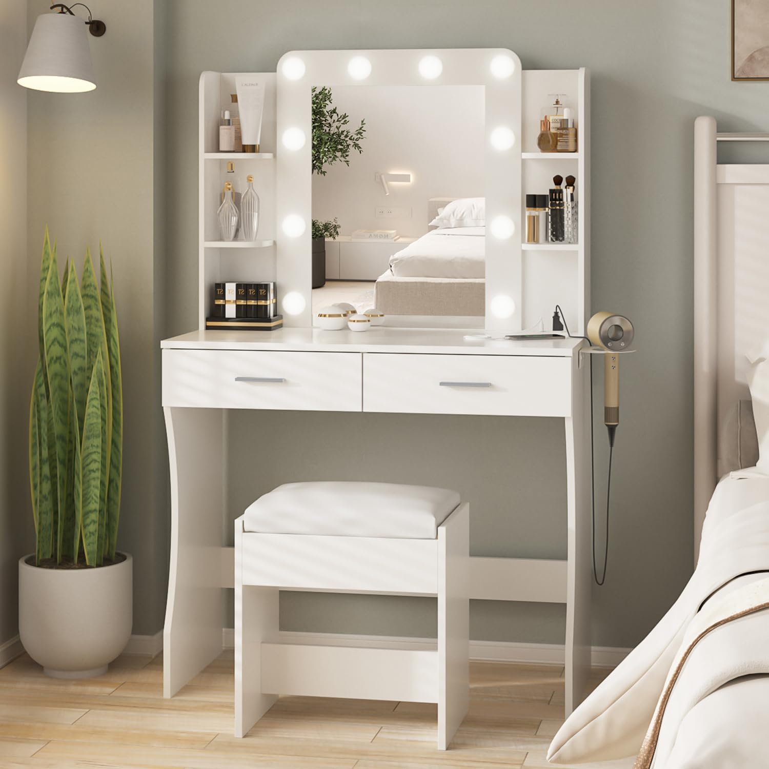 Vabches Vanity Desk with Lights,Makeup Vanity with Power Strip,Dressing Table Set with 2 Large Drawers,Vanity Mirror 3 Lighting Color Adjustable,White