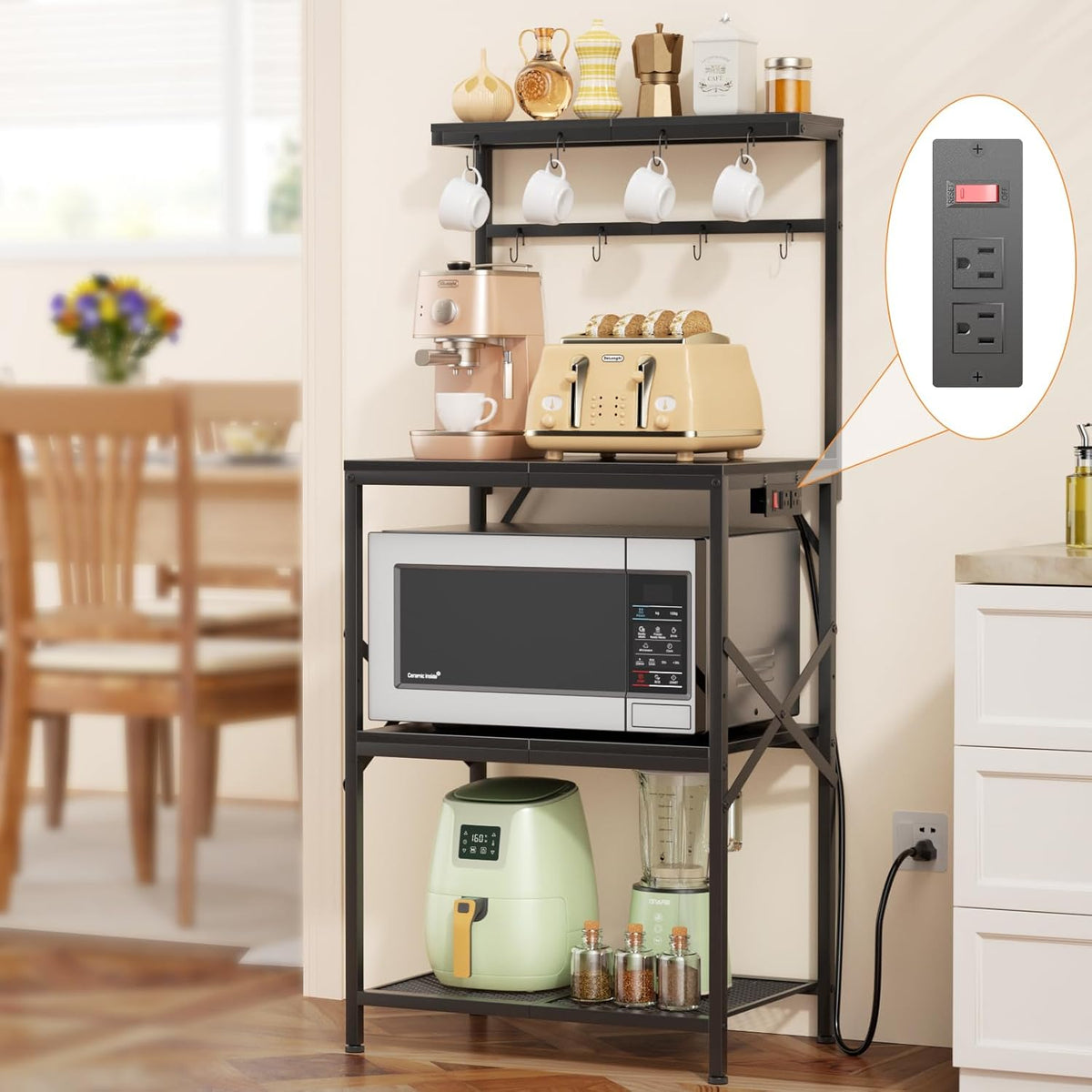 Kitchen Bakers Rack with Power Outlet, Coffee Bar Table 4 Tiers, Microwave Stand with 8 Hooks, Coffee Station and Organizer, Kitchen Storage Shelves Rack for Spices, Pots, Black