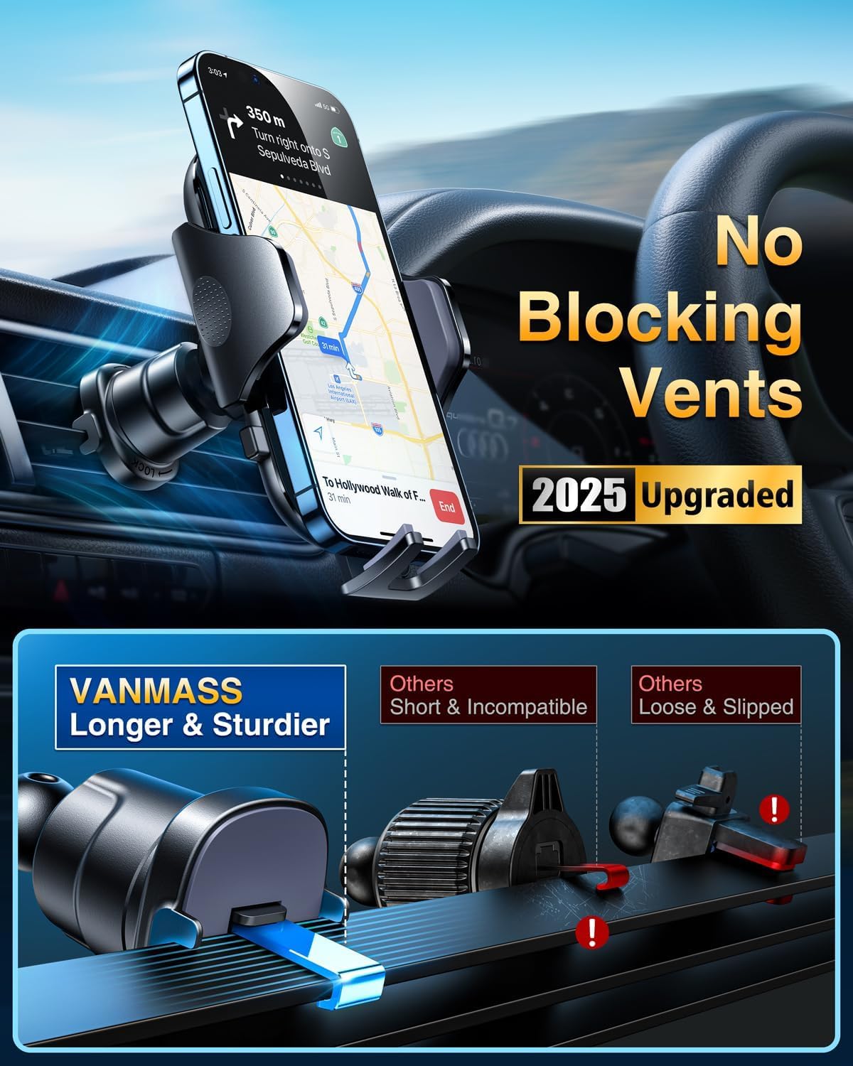 [2026 True Military-Grade] Car Phone Holder VANMASS [Upgraded Strongest Suction & Clip] Cell Phone Mount for Dashboard Windshield Vent Wall,Truck Cradle Stand for iPhone 17 Pro Max 16 15 14 13 Android