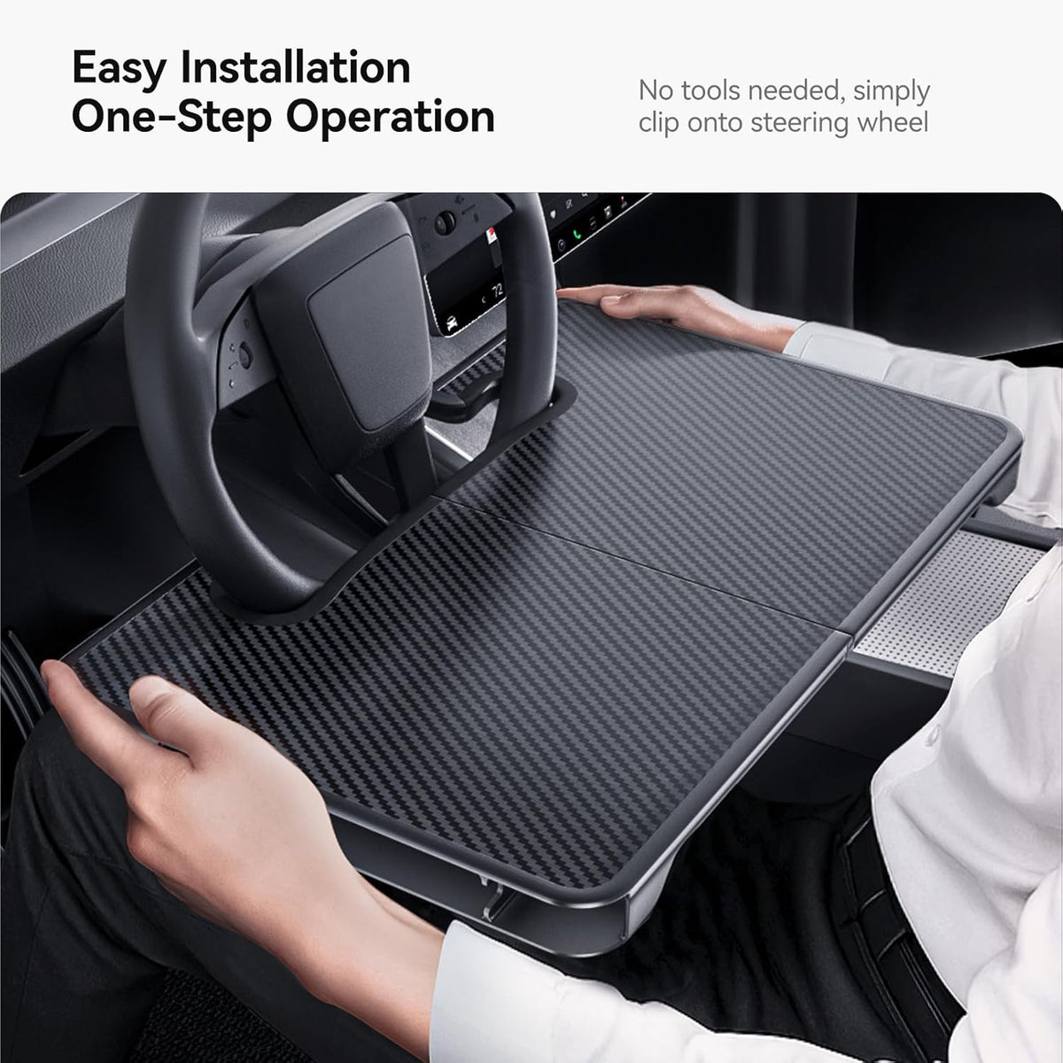 YONZEE 2-in-1 Car Steering Wheel Desk Tray & Car Seat Gap Filler Organizer – Foldable Carbon Fiber Look Table for Laptop, Eating Food, Writing – for Standard Round Steering Wheels