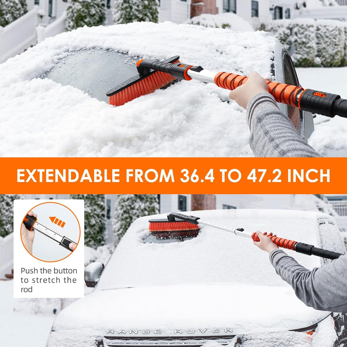 AstroAI 47.2" Ice Scrapers for Car Windshieldand Extendable Snow Brush with Foam Grip and 360° Pivoting Brush Head for Car Auto Truck SUV(Orange)