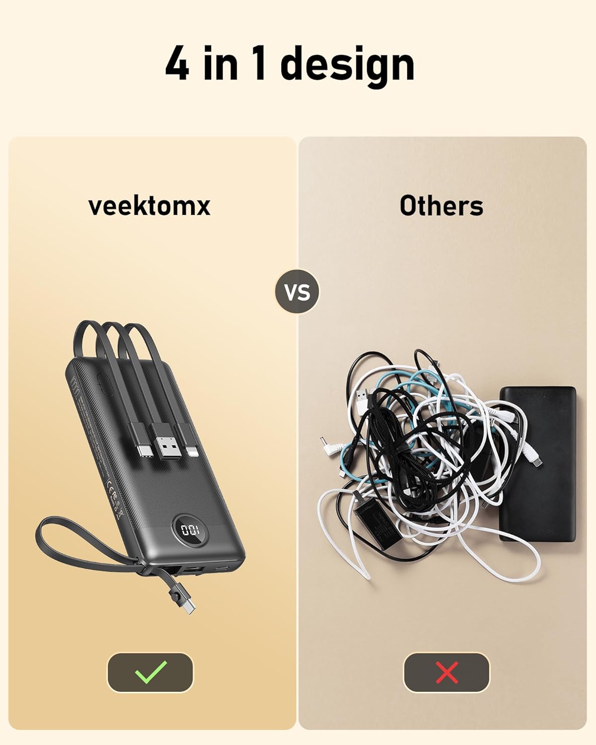 VEEKTOMX 10000mAh Portable Charger with 4 Built-in Cables | Slim Power Bank, USB-C Battery Pack with iPhone & Micro USB, TSA Approved Travel Charger for iPhone, Samsung, Android, Black