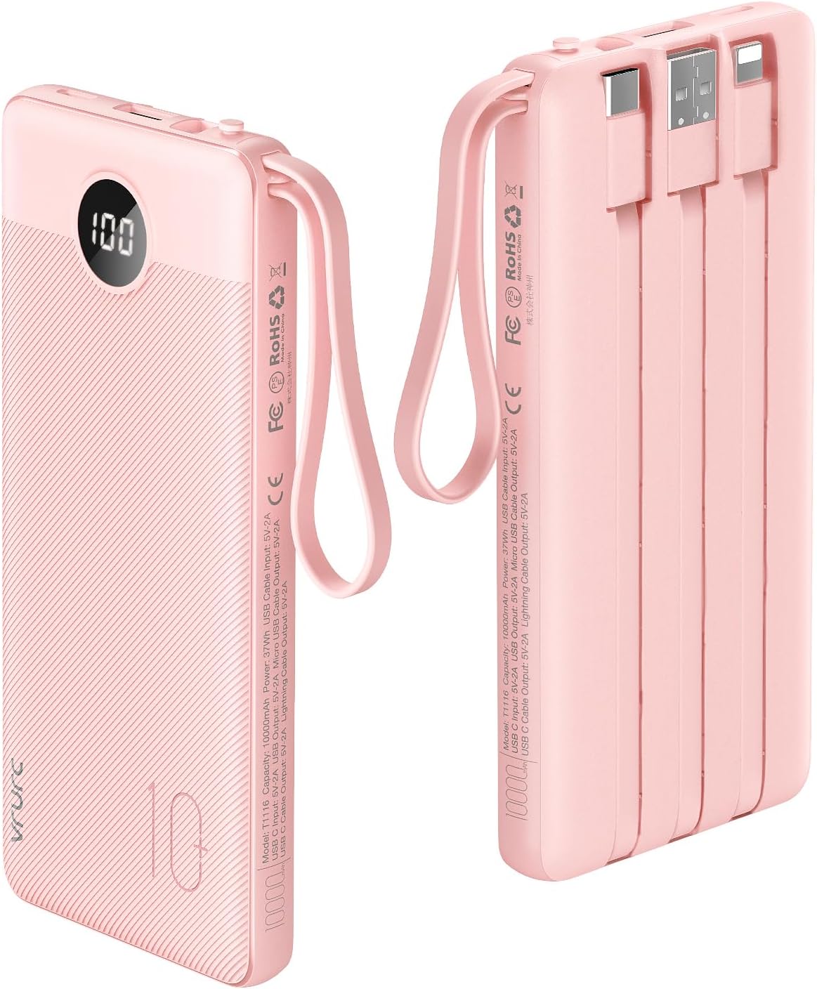 VRURC Portable Charger Power Bank, 10000mAh Travel Essentials Battery Pack, Compact Charging Bank Built-in Cables Cords Compatible with iPhone 17 Pro 17 16 15 14 13, Samsung Phones-Pink(1 Pack)