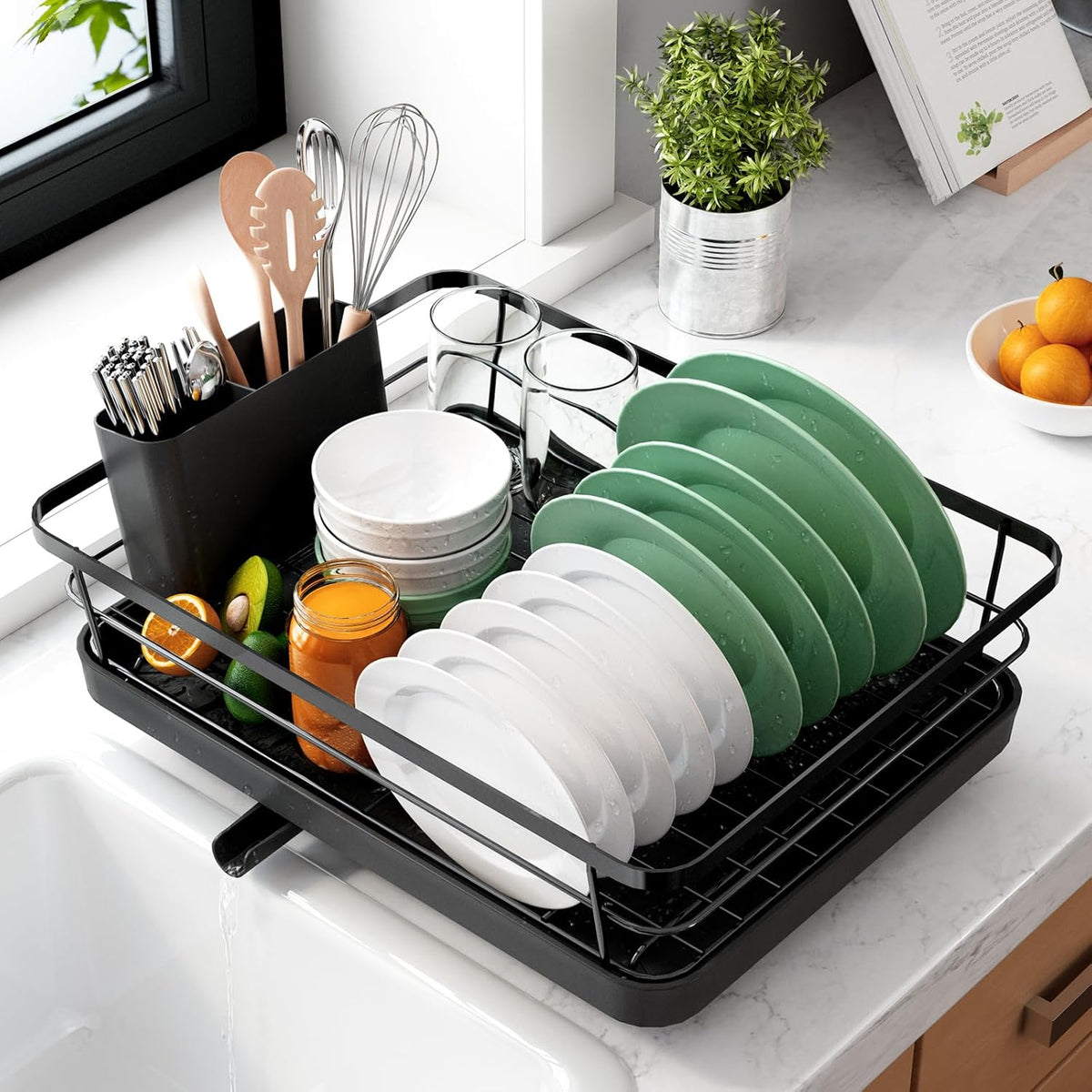 Kitsure Dish Drying Rack for Kitchen Counter, Stainless Steel Sink Organization and Storage Essentials with Cutlery Holder, Home and Appartment Decor, 12''W x 15.5''L, Black