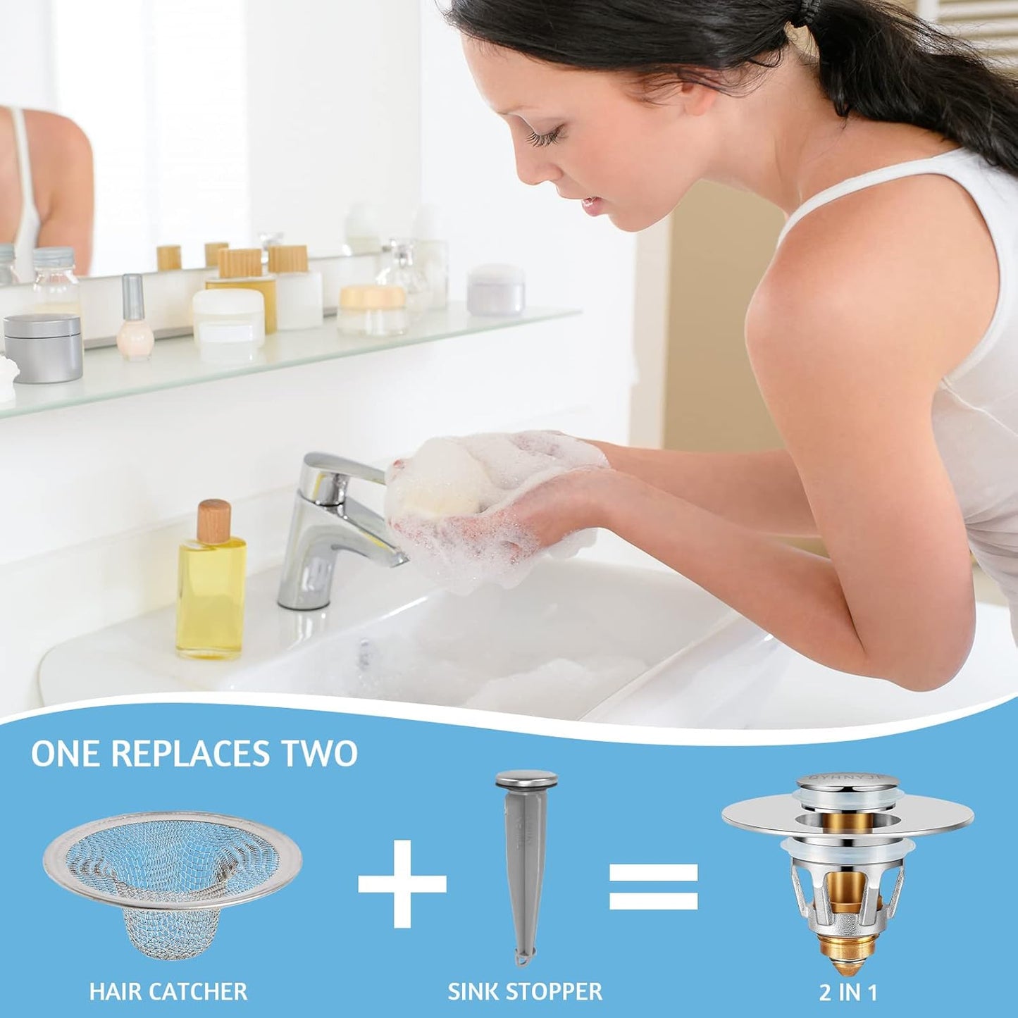 Bathroom Sink Stopper with Hair Catcher – Universal Pop-Up Drain Strainer for 1.1–1.5 inch US Standard Sink Drain Holes, Anti-Clog Basin Stopper, Silver