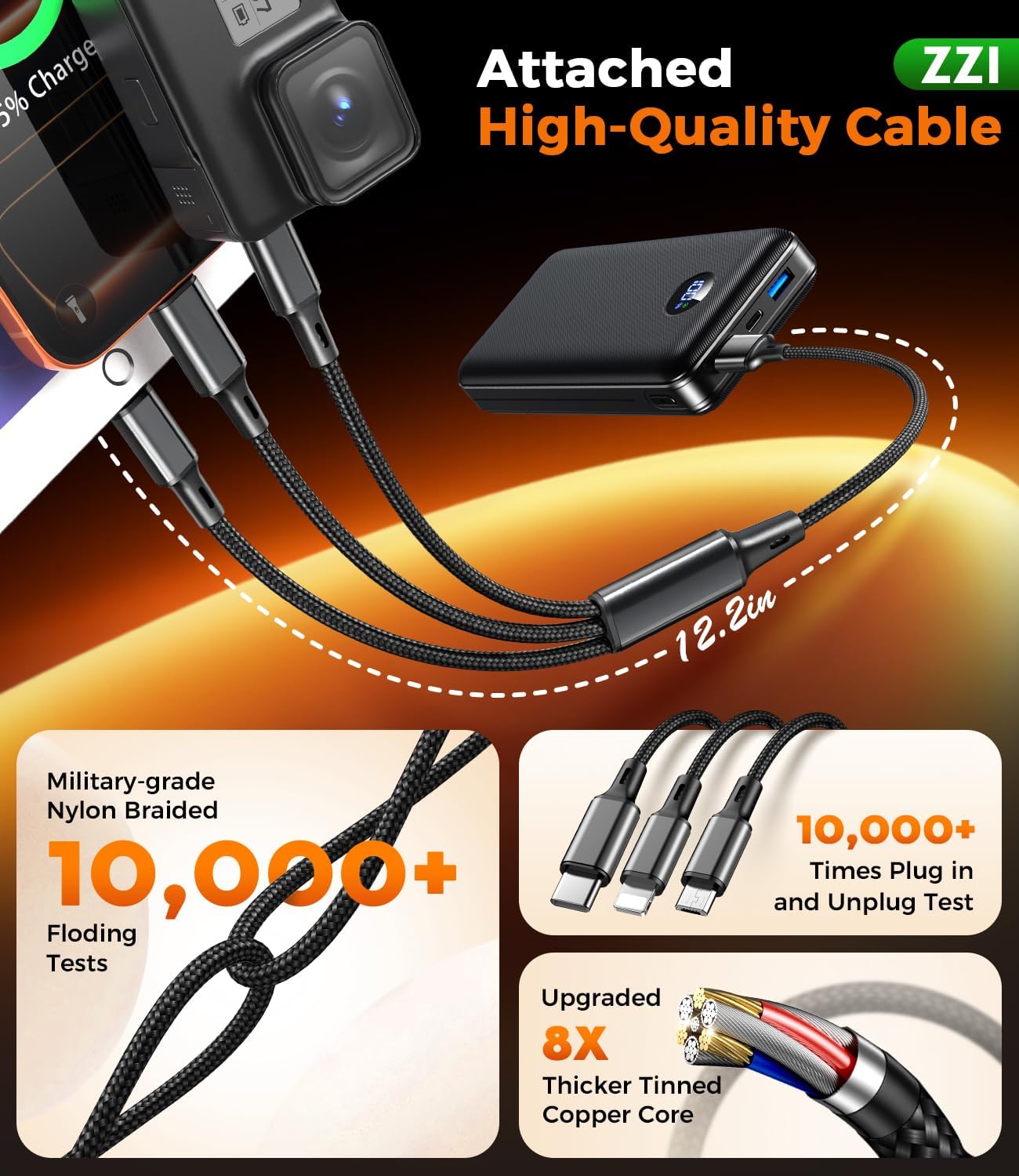 Portable Charger Power Bank, 60000mAh Battery Pack with 3 in 1 USB-C/iOS/Micro-USB Cable, 22.5W Fast Charging Portable Phone Charger, Travel Camping Essential Powerbank for iPhone 17/16 Samsung,Ebony