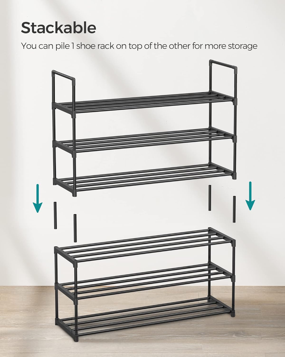 SONGMICS Shoe Rack, 3-Tier Shoe Organizer, Metal Storage Shelf, Upright or Upside Down, for 16-20 Pairs, Stackable, for Entryway, 11.8 x 36.2 x 21.7 Inches, Black ULSA303B02