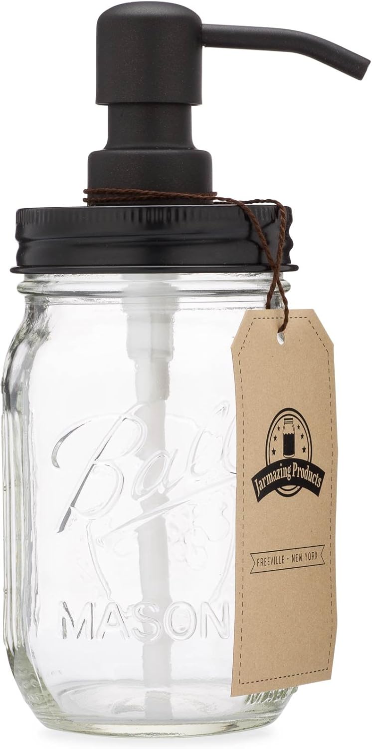 Jarmazing Products Mason Jar Soap Dispenser - Black - 16 oz Ball Mason Jar Liquid Dispenser for Kitchen & Bathroom - Glass - Kitchen Soap Dispenser with Rust Proof Stainless Steel Pump & Lid