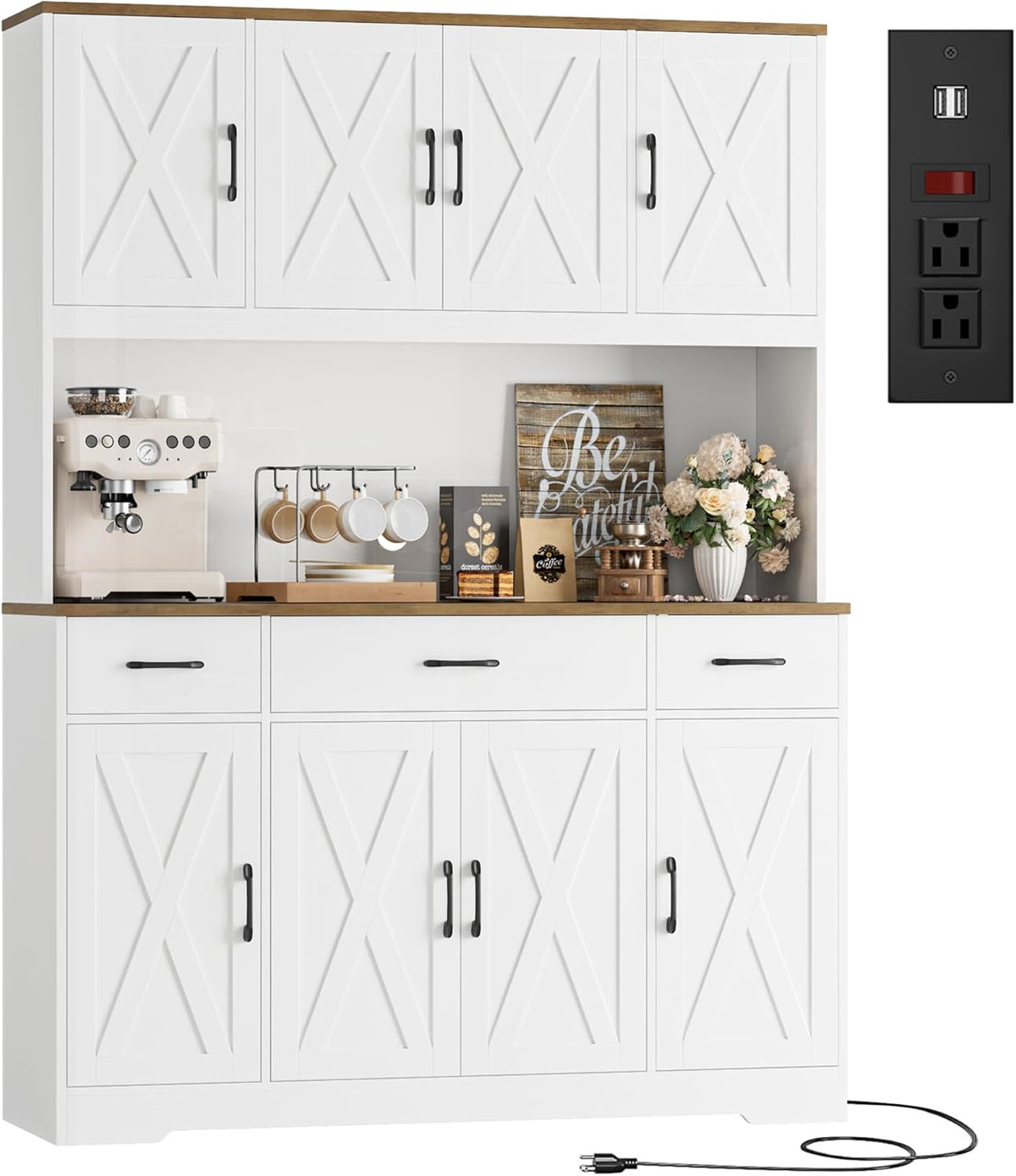 HOSTACK 71" Tall Kitchen Pantry Storage Cabinet with Charging Station, 55" Wide Kitchen Hutch Cabinet with Large Countertop, Farmhouse Food Pantry with Drawers for Living Room (White)