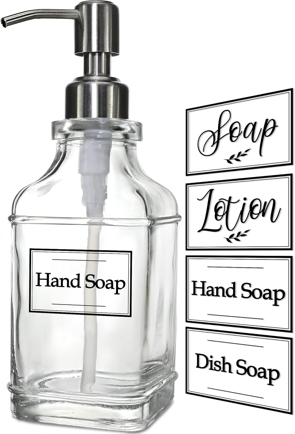 JASAI Antique Design Soap Dispenser with Rust Proof 304 Stainless Steel Pump, Refillable Glass Soap Dispenser with 10Pcs Clear Stickers, Premium Kitchen & Bathroom Soap Dispenser