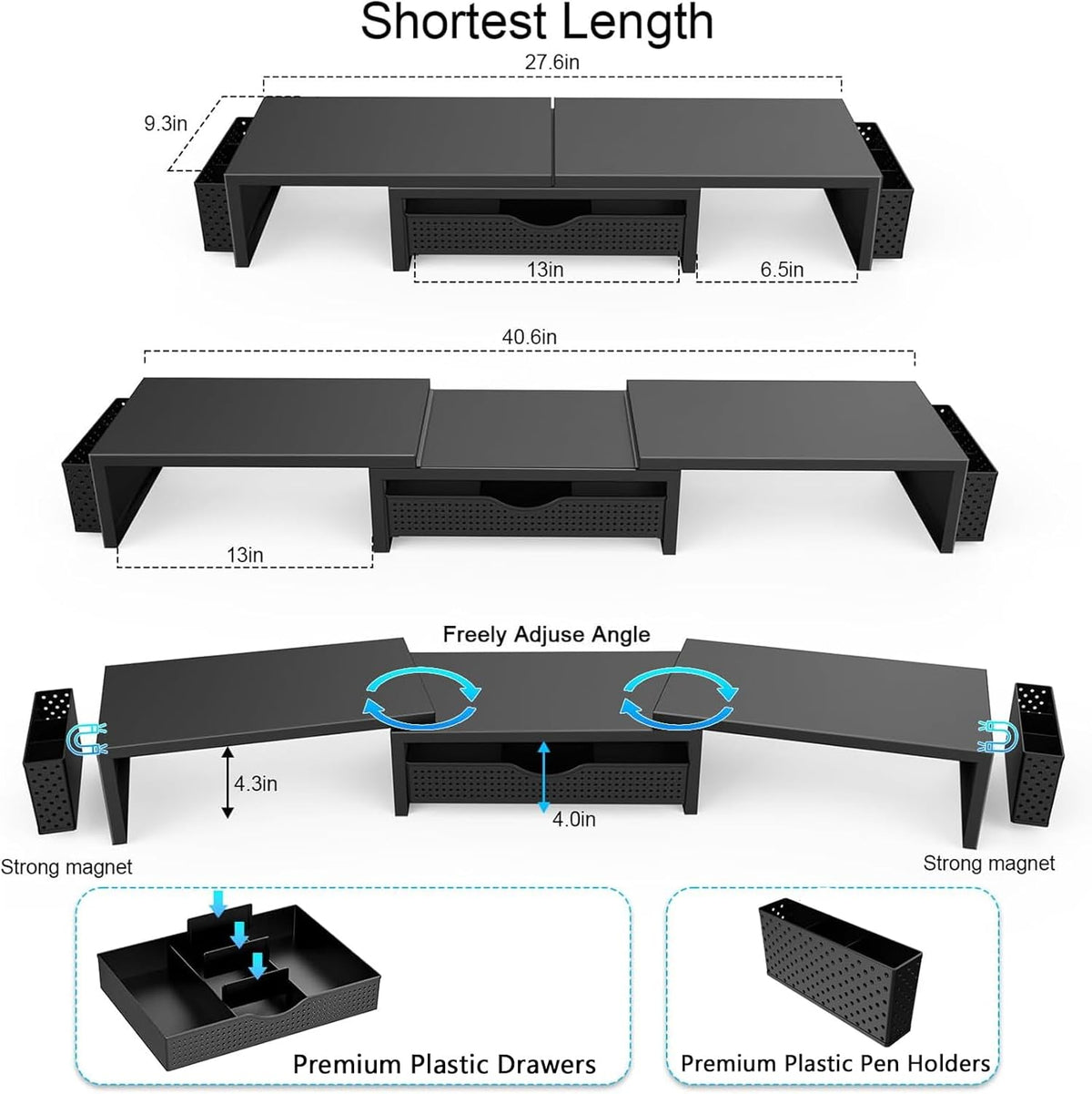 gianotter Dual Monitor Stand Riser, Desk Organizer With Drawer and 2 Pen Holders, Computer Monitor Stand, Shelf for Top of Desk, Black