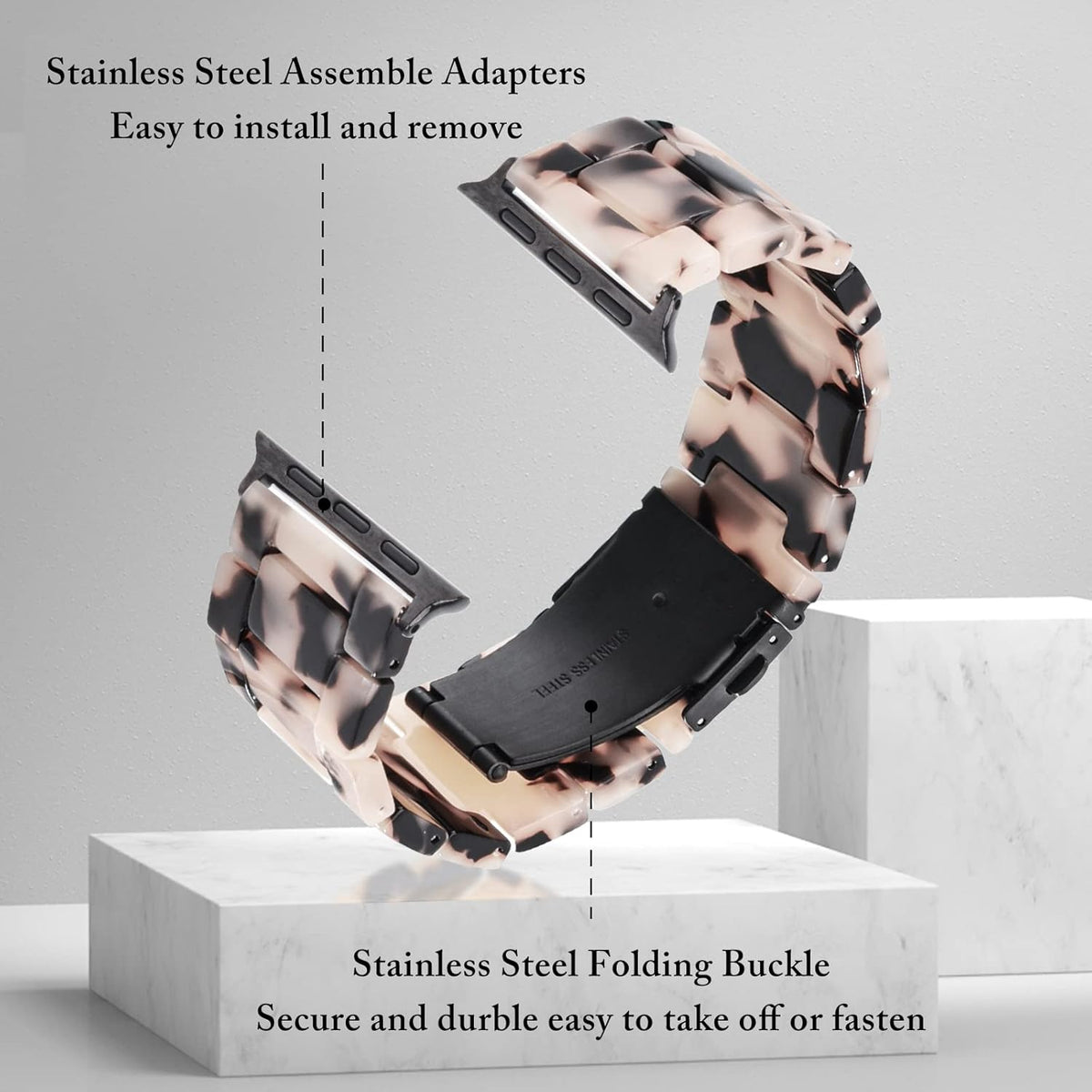 V.R.HOPE Resin Watch Band Compatible with Apple Watch Band for Women 38mm 40mm 41mm 42mm Tortoise Fashion Lightweight Bracelet Strap for iWatch Series 11/10/9/8/7/6/5/4/3/2/1/SE3 (Black Floral)