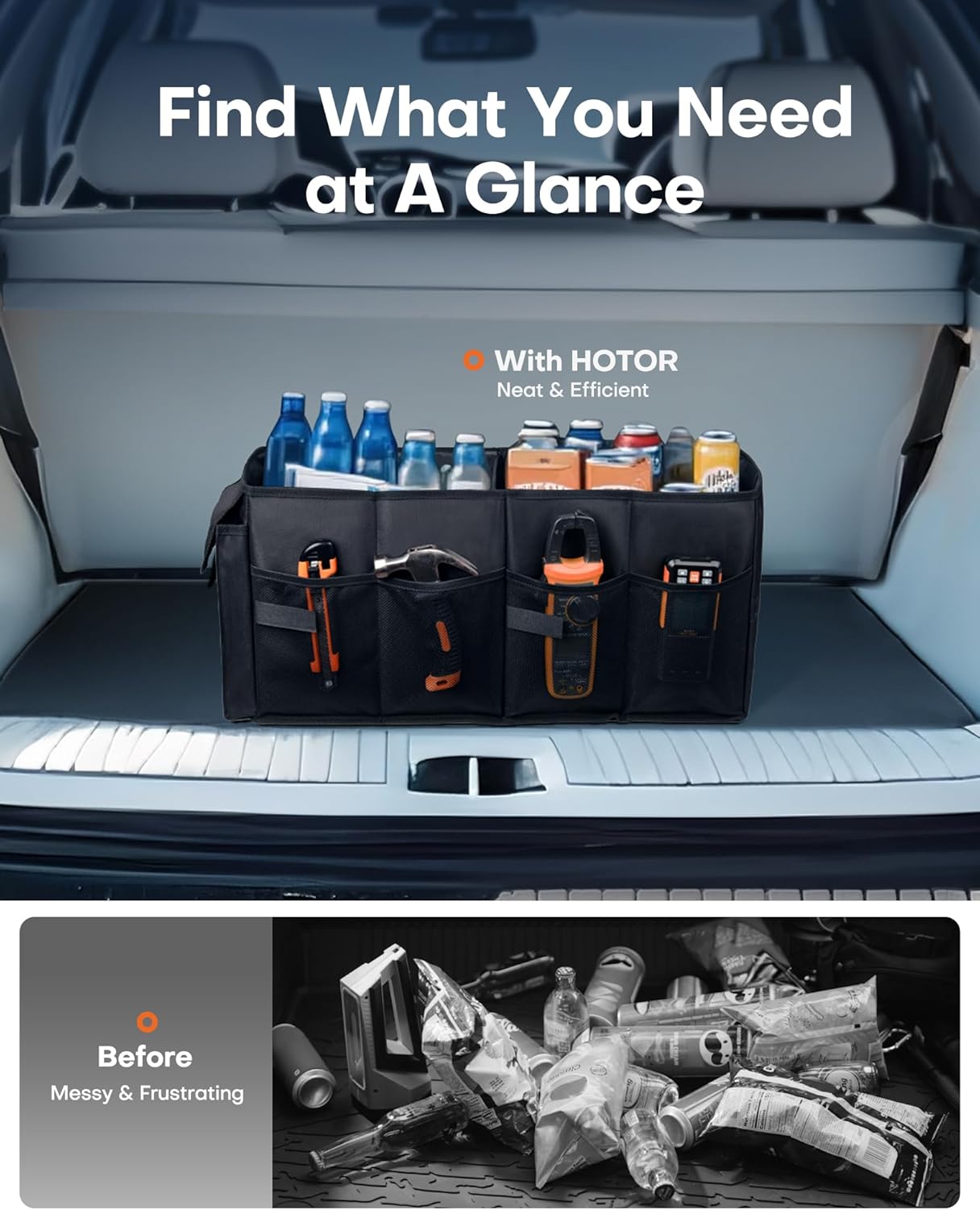 HOTOR Trunk Organizer - Car Organizer, Foldable Trunk organizer for SUVs & Sedans, Sturdy Car Organization for Car Accessories, Tools, Sundries, Black, 2 Compartments, 21.3"×12.6"×10.6"