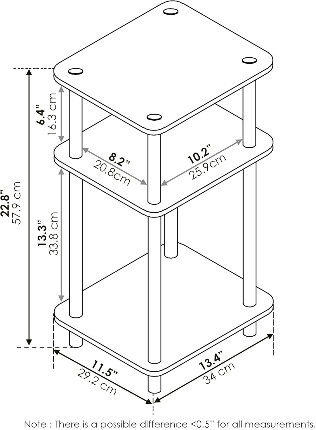 Furinno JUST Side Table, 3-Tier End Table, Open Shelves Night Stand, Bedside Table, Toolless Assembly, for Living Room, Bedroom, Bathroom, Columbia Walnut