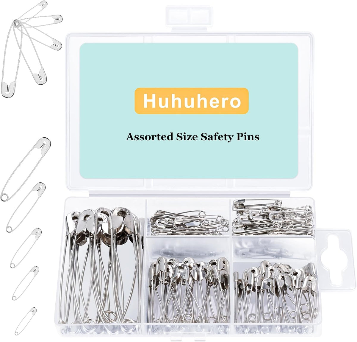Huhuhero 160Pcs Safety Pins, Large & Small Safety Pins for Clothes Sewing Craft, Nickel Plated Steel Assorted Size Pins Bulk, Art and Craft Supplies (Sliver)