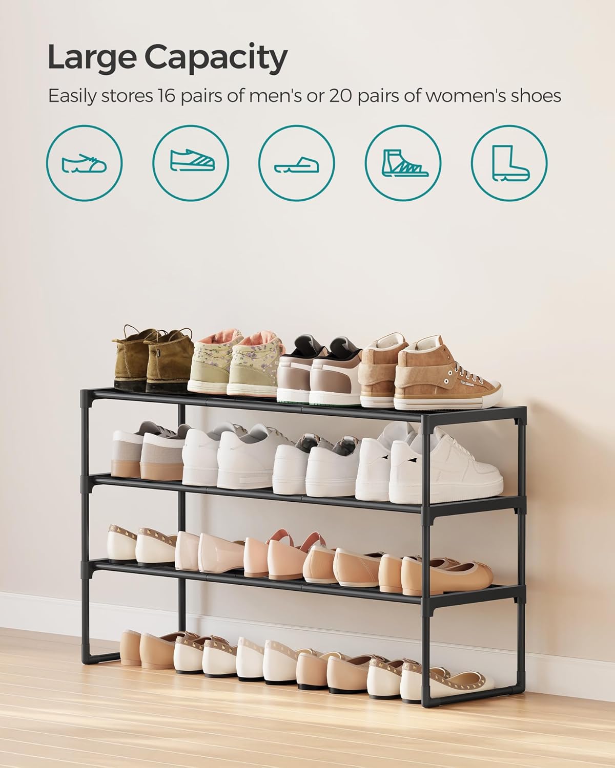 SONGMICS Shoe Rack, 3-Tier Shoe Organizer, Metal Storage Shelf, Upright or Upside Down, for 16-20 Pairs, Stackable, for Entryway, 11.8 x 36.2 x 21.7 Inches, Black ULSA303B02