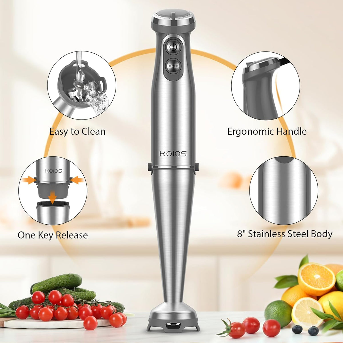 KOIOS Immersion Blender, 1000W Anti-scratch 3-in-1 Hand Blender, Upgraded 12 Speed Stainless Steel Blade Stick Blenders with Turbo Mode, Whisk and Milk Frother, Non-BPA