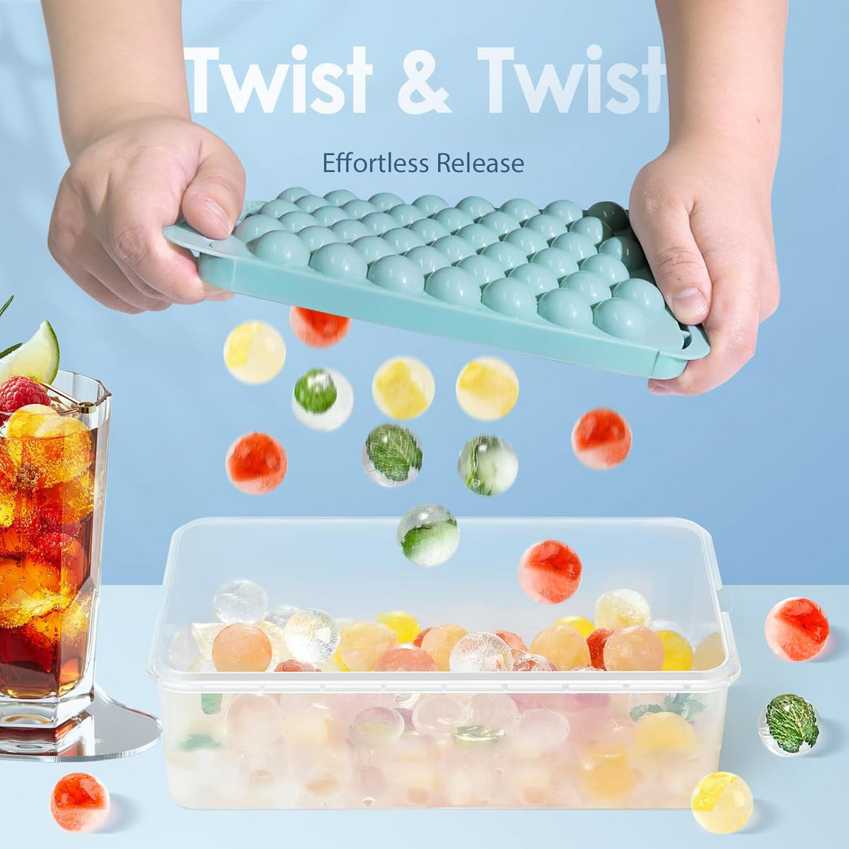 WIBIMEN Ice Cube Tray with Lid and Bin - Round Ice Trays for Freezer with Lid - Ice Cube Trays for Freezer with Ice Container (0.8"-2PACK Blue)