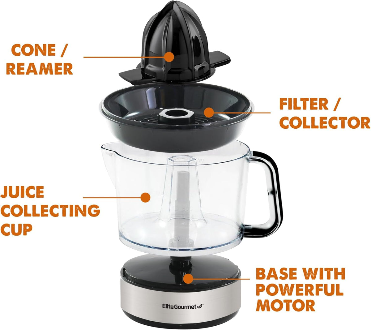 Elite Gourmet ETS623 BPA-Free Electric Citrus Juicer, Compact, Large Volume, Pulp Control, Oranges, Lemons, Limes, Grapefruits with Easy Pour Spout, 24oz, Black/Stainless Steel
