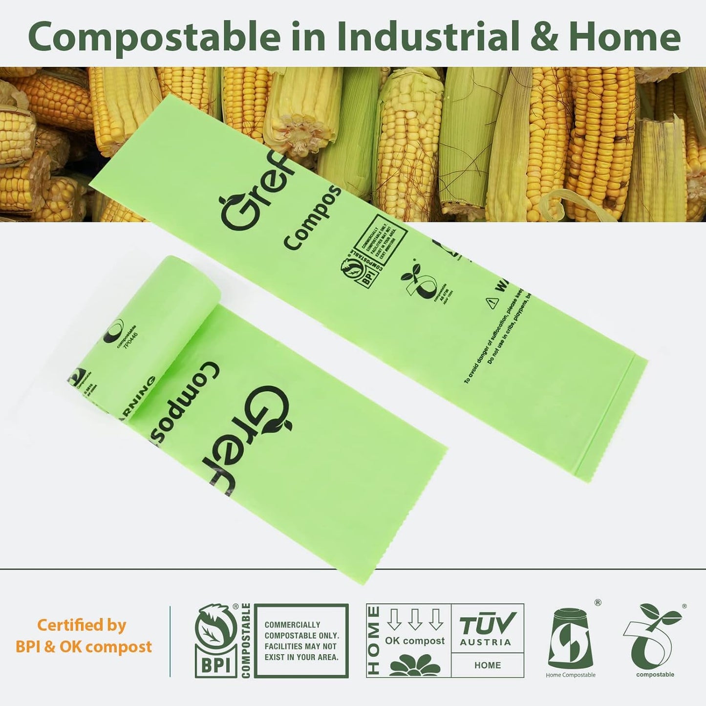GreFusion Compostable Bags for Kitchen Compost Bin, 1.2 Gallon, 125 Count, Certified by BPI and ASTM, Leakproof and Odor Control