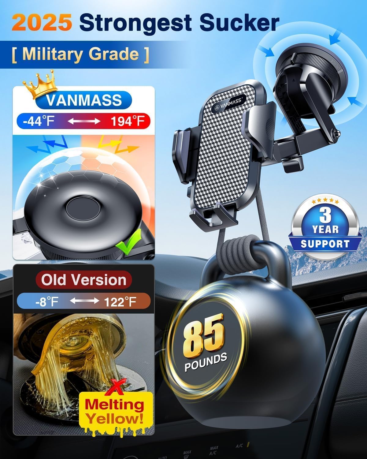 [2026 True Military-Grade] Car Phone Holder VANMASS [Upgraded Strongest Suction & Clip] Cell Phone Mount for Dashboard Windshield Vent Wall,Truck Cradle Stand for iPhone 17 Pro Max 16 15 14 13 Android