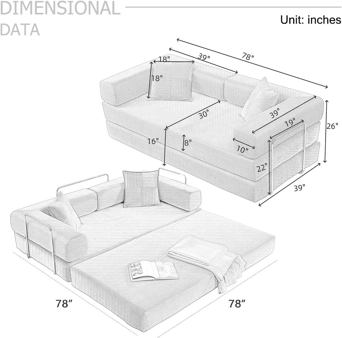 4-in-1 Folding Convertible Sofa Bed, 78 Inch Oversized Corduroy Upholstered Boneless Couch, Loveseat Sleeper with Pull Out Bed, Floor Sofa Modular Futon Couch for Living Room Bedroom Lounge, Green