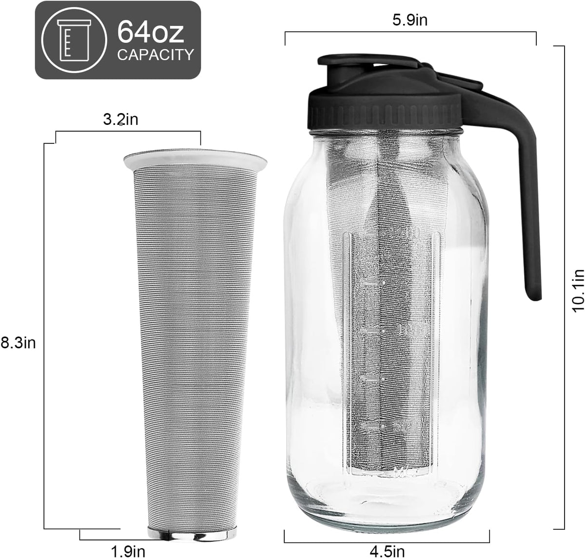 Cold Brew Coffee Maker,64 oz Mason Jar Pitcher with Stainless Steel Filter, Pour Spout Handle Lid, Heavy Duty Glass Airtight & Leak-Proof for Iced Coffee,Tea & Lemonade